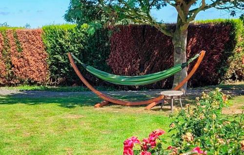 a hammock sitting next to a tree in a yard at Gorgeous Home In Quessoy in Quessoy