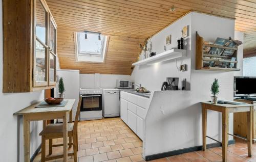 a kitchen with white appliances and a wooden ceiling at Gorgeous Home In Kerteminde With Wifi in Kerteminde