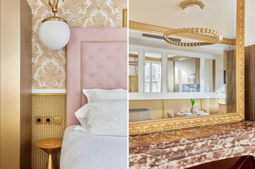 une chambre avec un lit et un miroir dans l'établissement Appartements Champs Elysées - Avenue Montaigne by Studio Prestige, à Paris