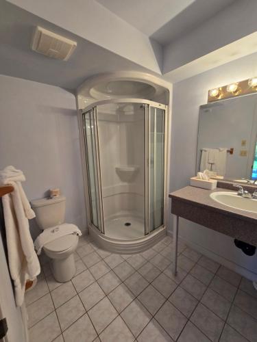 a bathroom with a shower and a toilet and a sink at Travelodge by Wyndham Port Elgin in Port Elgin