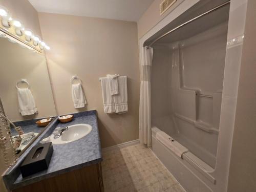 a bathroom with a sink and a shower at Travelodge by Wyndham Port Elgin in Port Elgin