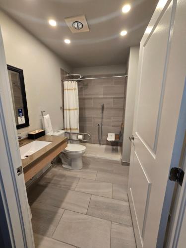 a bathroom with a toilet and a sink and a shower at Travelodge by Wyndham Port Elgin in Port Elgin