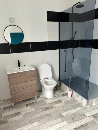une salle de bain avec toilettes, douche et lavabo dans l'établissement Gîtes à Gavray, à Gavray