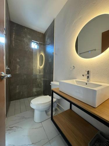 a bathroom with a sink and a toilet and a mirror at Vidrio Suites Col Americana in Guadalajara