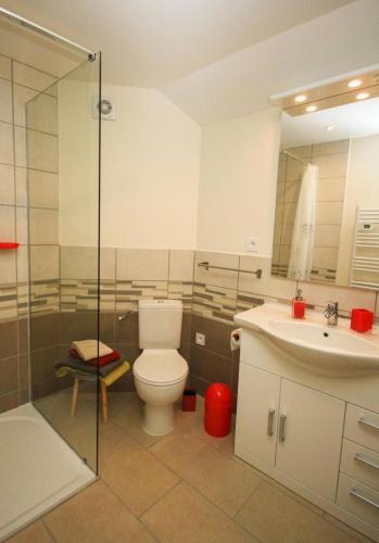 une salle de bain avec toilettes, lavabo et douche dans l'établissement L'ermitage, à Chambéry