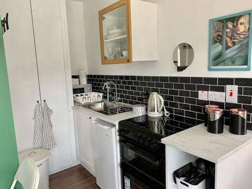 uma cozinha com um fogão preto e uma pia em Cosy Studio Cabin set in nature with stove em Killybegs