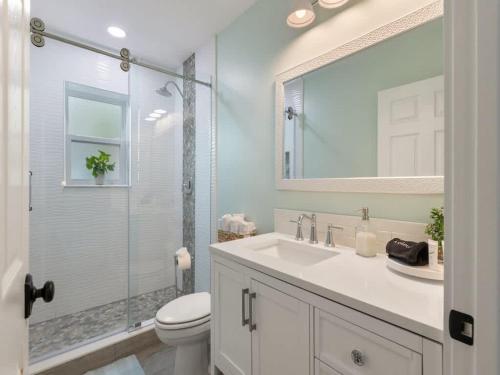 a bathroom with a sink and a toilet and a mirror at Cozy first floor waterside condo in Sebastian