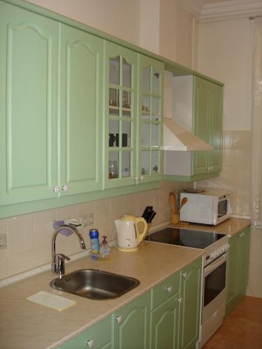 a kitchen with green cabinets and a sink at Nelly Apart in Kyiv