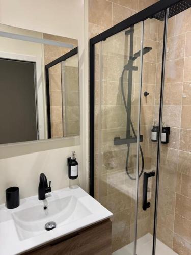 une salle de bain avec un lavabo et une douche en verre dans l'établissement studio porte de paris-Saint-Ouen - Emile Zola, à Saint-Ouen