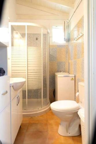 a white bathroom with a toilet and a shower at Seven Heaven Seaside Cottage in Makri