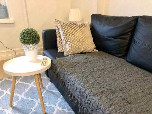 un sofá de cuero negro con una maceta en una mesa en Scandinavian Home in Heard City, en Helsinki