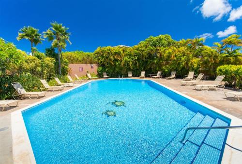 a swimming pool with chairs and palm trees at 1722 Ridge in Kahana