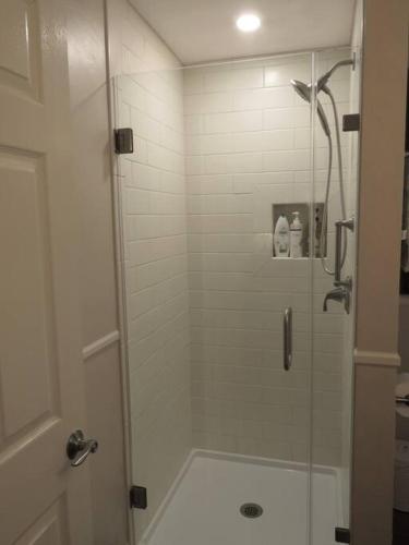 a shower with a glass door in a bathroom at Virginia Country Cottage, GREAT Location, Pets in Troutville