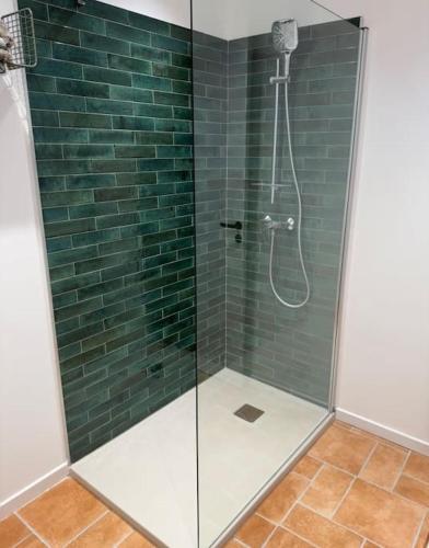 La salle de bains est pourvue d'une douche avec du carrelage vert. dans l'établissement Appartement Centre Ville, à Porto-Vecchio