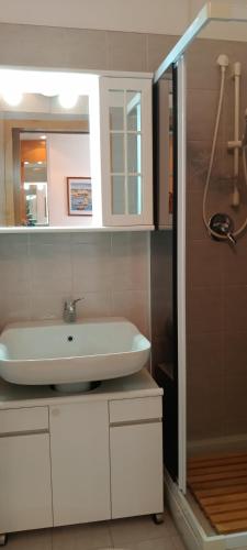 a bathroom with a white sink and a shower at Appartamento Giardino 4 in Ventimiglia
