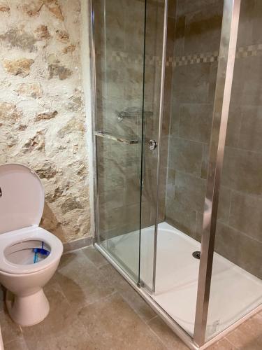 une salle de bain avec toilettes et douche en verre dans l'établissement Maison en pierres rénovée MONS 83, à Mons