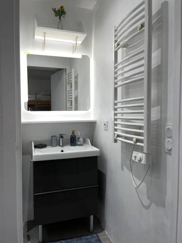 une salle de bain avec un lavabo et un miroir dans l'établissement T2 confortable avec climatisation à 100 m de la plage - 4HOUS34, à Canet