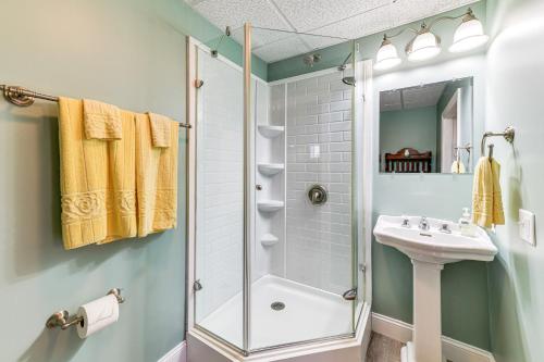 a bathroom with a shower and a sink at Mountain Views and Brook Access Home in Arkville! in Arkville