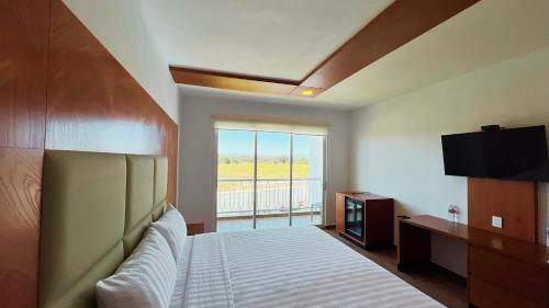 a bedroom with a bed and a flat screen tv at Hotel Mamá Dolores in Dolores Hidalgo
