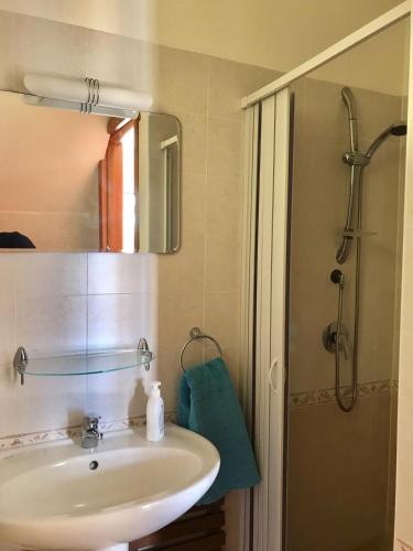 a bathroom with a sink and a mirror and a shower at Isca Dreams ID7 in Isca sullo Ionio