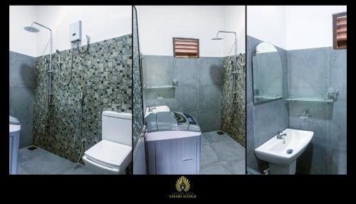 a bathroom with a sink and a toilet and a shower at Ceylon Gate Safari Lodge in Embilipitiya