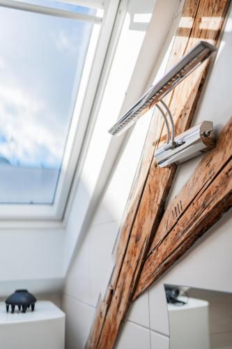 a skylight in a bathroom with a window at Innsbruck City Chalet in Innsbruck