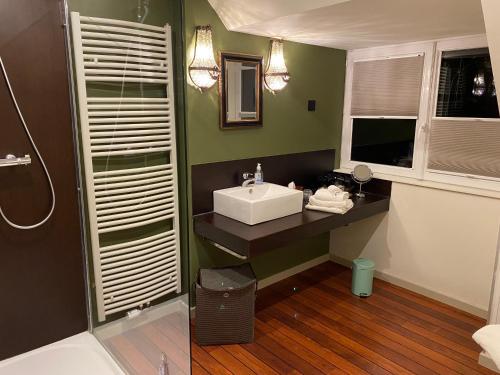 a bathroom with a sink and a shower at Au Petit Manoir in Socx