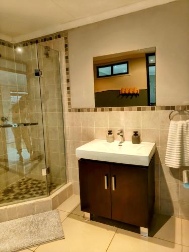 a bathroom with a sink and a shower at Harrismith Country Cottage in Harrismith