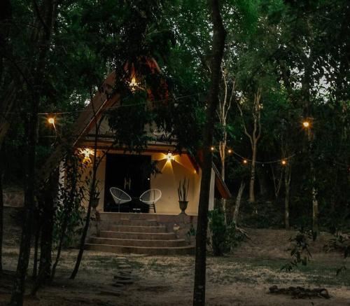 a small house with a set of stairs and lights at Cabaña El Bosque in Independencia