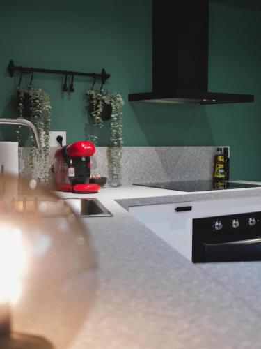 - une cuisine avec un comptoir blanc et un évier dans l'établissement La Canopée - Central & Parking, à Riom