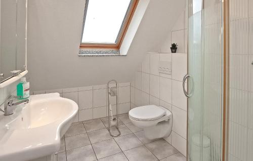 a bathroom with a toilet and a sink and a shower at Ferienwohnung Kemnitz in Neuendorf