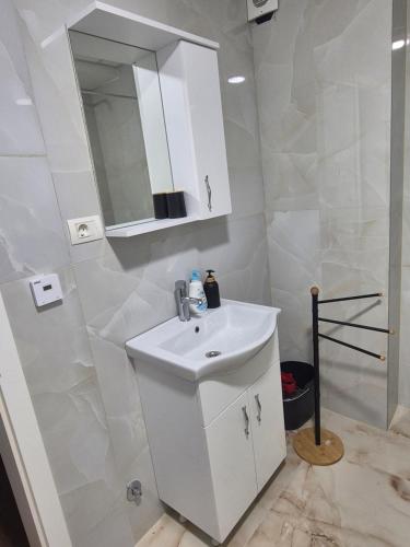 un bagno bianco con lavandino e specchio di Embla residence a Struga
