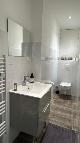 une salle de bain blanche avec un lavabo et des toilettes dans l'établissement Appartement neuf, centre-ville, 400m de rivetoile 6 voyageurs, à Strasbourg