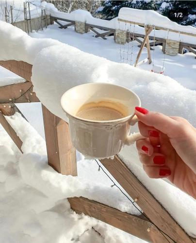 a woman holding a cup of coffee in the snow at Chalet Rebeca 6 beds Donovaly in Donovaly
