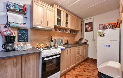a kitchen with wooden cabinets and a white refrigerator at Lovely Home In Kapela in Kapela