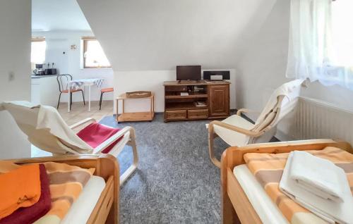 NeuhausにあるFerienwohnung Dierhagenの椅子とテレビ付きの部屋、リビングルーム