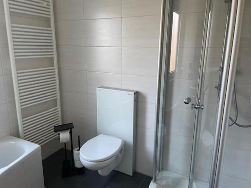 a white bathroom with a toilet and a shower at Ferienwohnung in ruhiger Lage in Thurnau