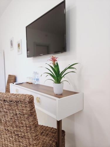a white console table with a tv and a plant on it at Panorama Suite in Piazza Armerina