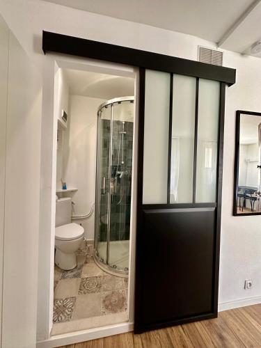 une salle de bain avec toilettes et porte noire dans l'établissement Appartement Emplacement Central - Proche Gare, à Marseille