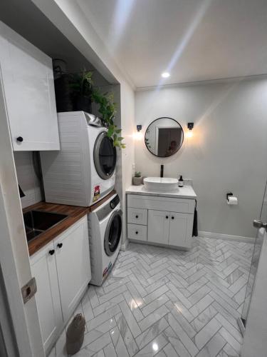 a bathroom with a sink and a washing machine at Studio by the bays in Auckland