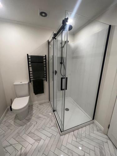 a bathroom with a shower and a toilet at Studio by the bays in Auckland