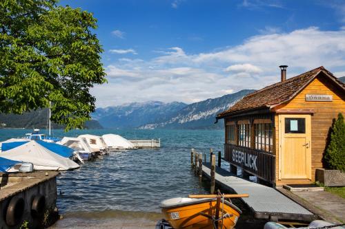 a dock with boats in the water next to a building at Strandhotel Seeblick in Faulensee