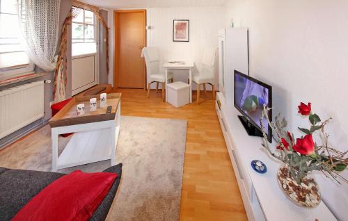 een woonkamer met een televisie en een tafel bij Ferienhaus Zempin Seebad in Zempin