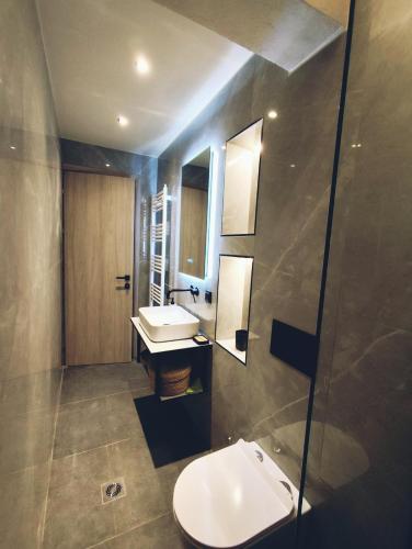 a bathroom with a toilet and a sink and a mirror at Ghini Venes 2 Καλώς ήλθες in Tríkala