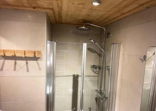 une salle de bain avec une douche avec une porte vitrée dans l'établissement Résidence Alpages D - ALPAGES D5 MAE-1141, à Les Allues