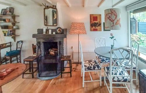 a living room with a fireplace and a table and chairs at Nice Home In Warmenhuizen With Wifi in Warmenhuizen