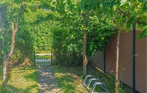 a garden with a fence and trees and a gate at Ferienhaus Penzlin Ot Wustrow in Wustrow
