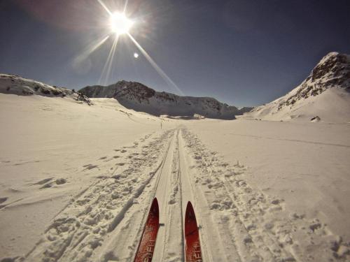 a pair of skis in the snow with the sun at Nice apartment on Geilotunet, Close to city center in Geilo