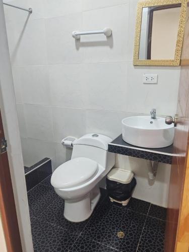 a bathroom with a white toilet and a sink at Trebol Hotel in Yurimaguas