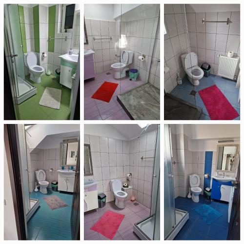 a group of four pictures of a bathroom with toilets at Pensiunea Glasul Pădurii in Moieciu de Jos